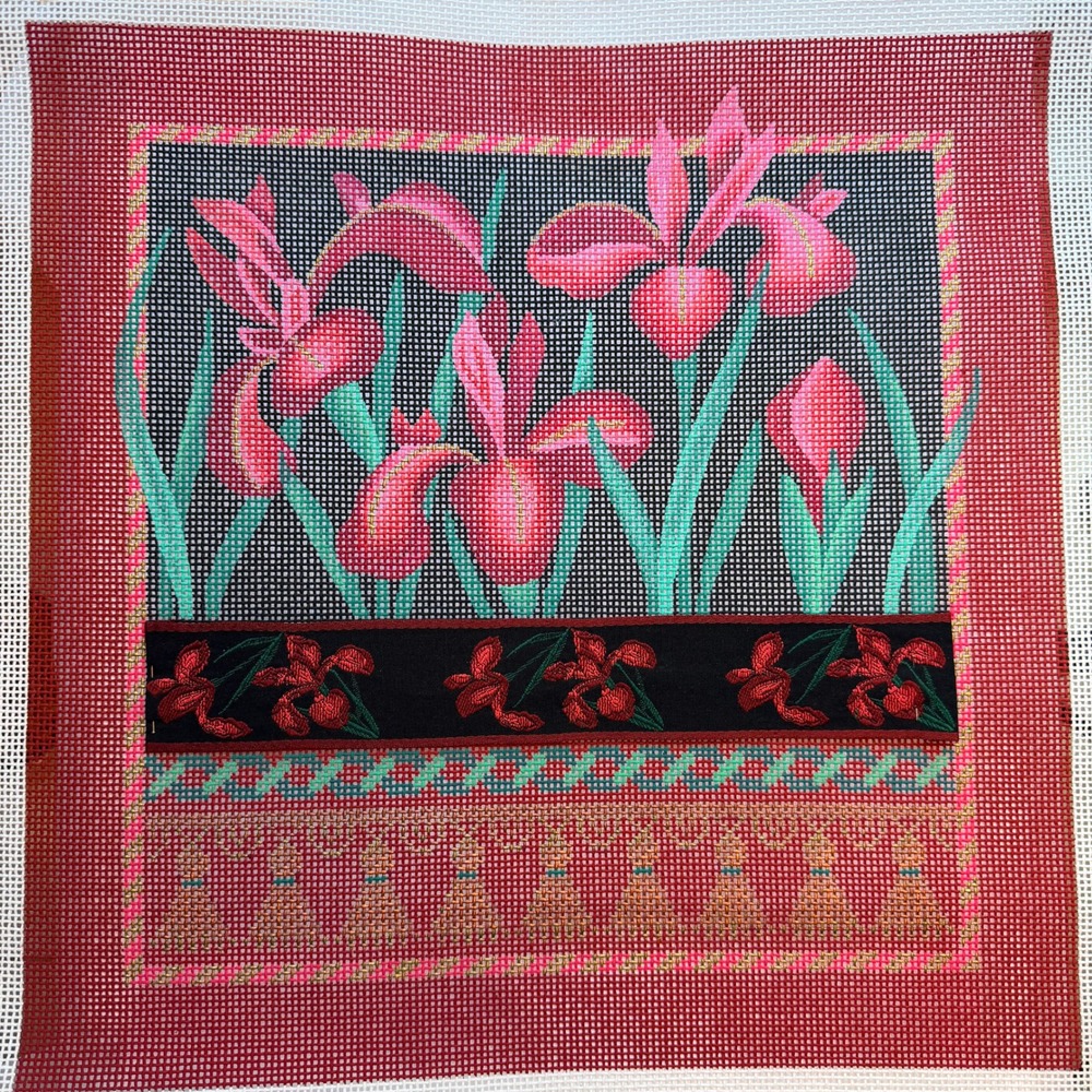 J.P. Needlepoint Canvas Iris Flower Hand Painted Cotton Red 16in Tassel V925